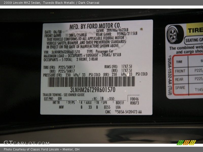 Tuxedo Black Metallic / Dark Charcoal 2009 Lincoln MKZ Sedan