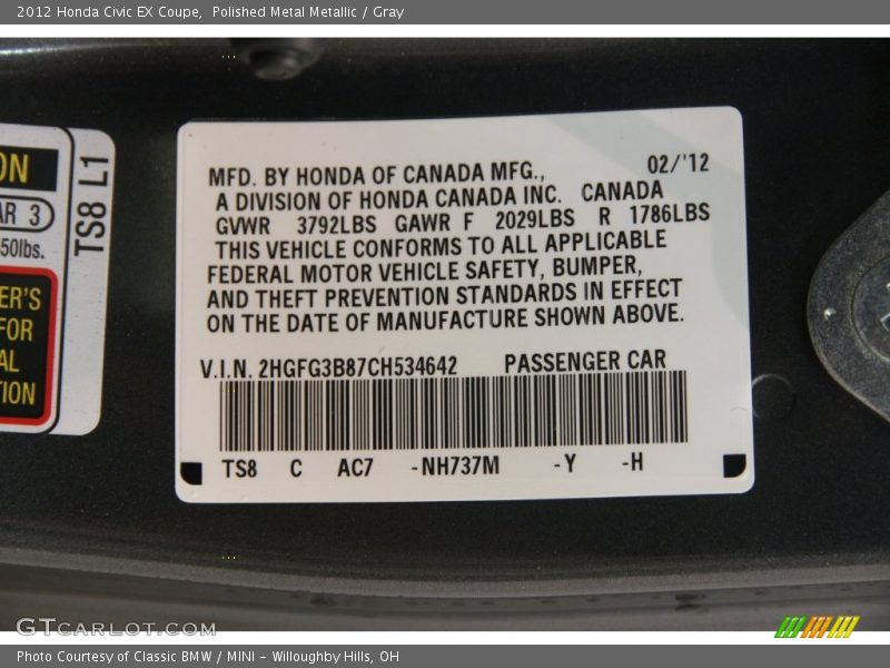 Polished Metal Metallic / Gray 2012 Honda Civic EX Coupe