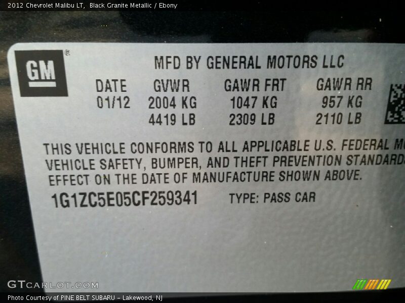 Black Granite Metallic / Ebony 2012 Chevrolet Malibu LT