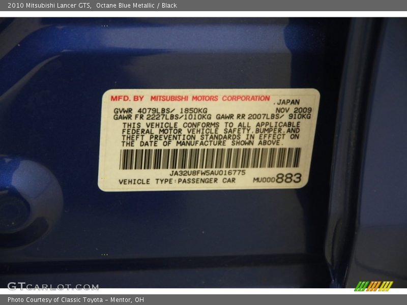 Octane Blue Metallic / Black 2010 Mitsubishi Lancer GTS