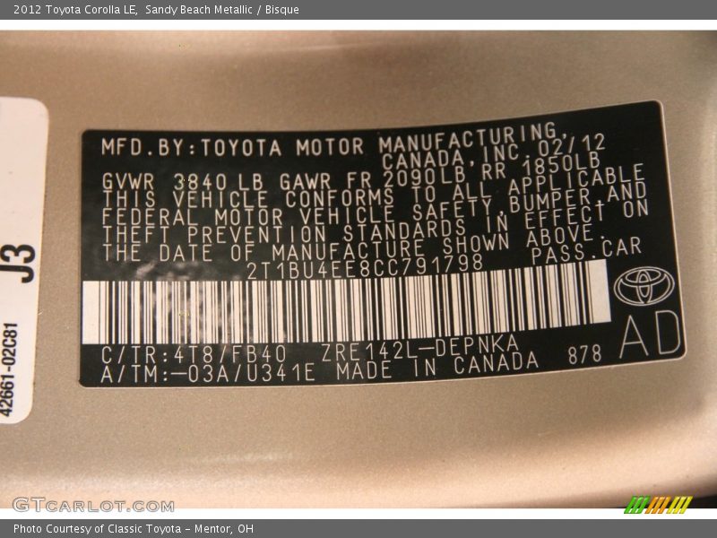 Sandy Beach Metallic / Bisque 2012 Toyota Corolla LE