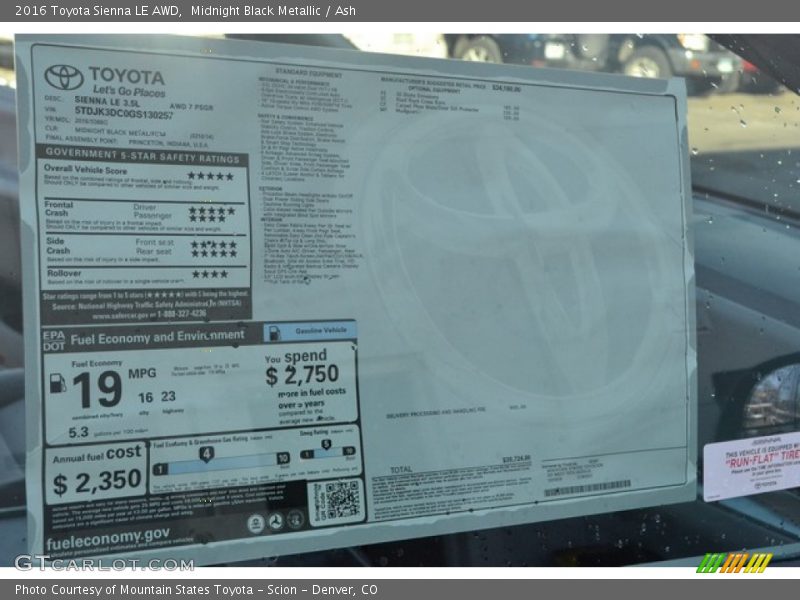 Midnight Black Metallic / Ash 2016 Toyota Sienna LE AWD