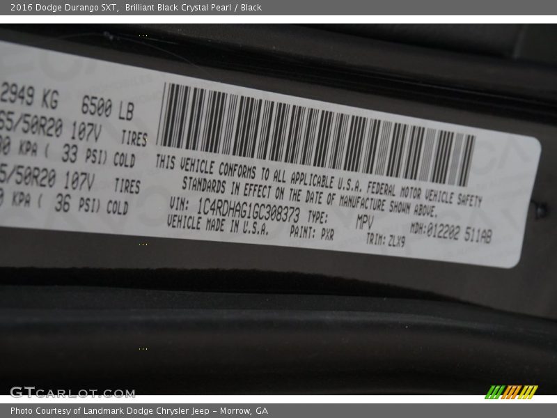 2016 Durango SXT Brilliant Black Crystal Pearl Color Code PXR