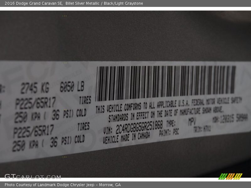 Billet Silver Metallic / Black/Light Graystone 2016 Dodge Grand Caravan SE