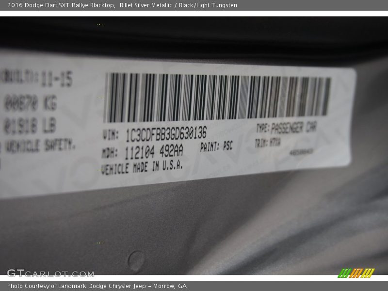 Billet Silver Metallic / Black/Light Tungsten 2016 Dodge Dart SXT Rallye Blacktop