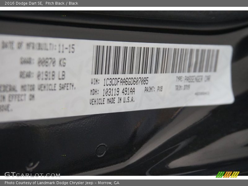 Pitch Black / Black 2016 Dodge Dart SE
