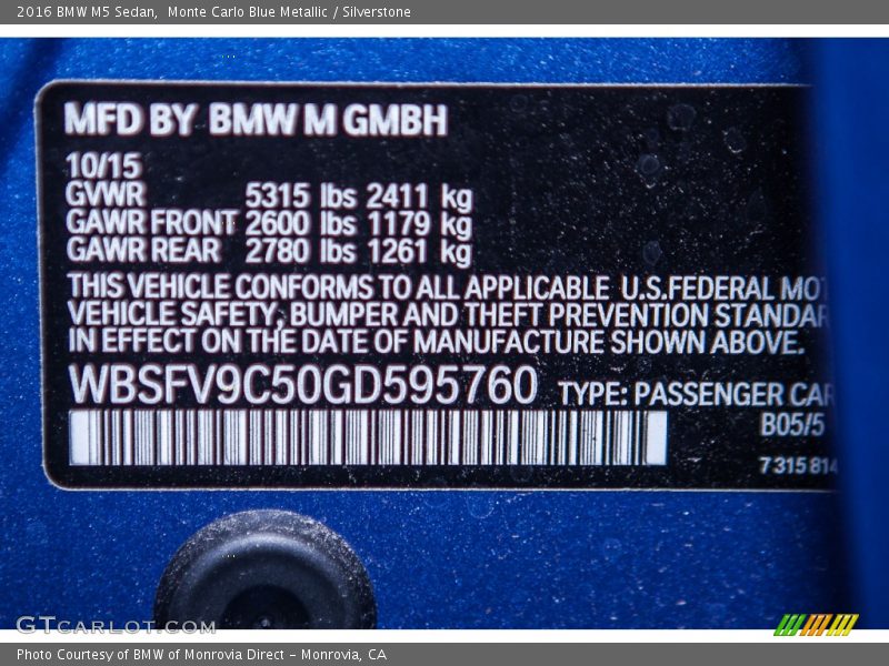 2016 M5 Sedan Monte Carlo Blue Metallic Color Code B05