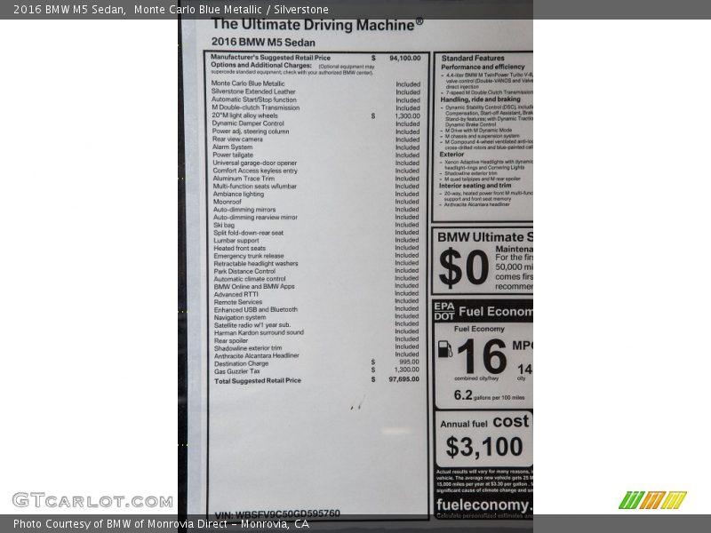  2016 M5 Sedan Window Sticker