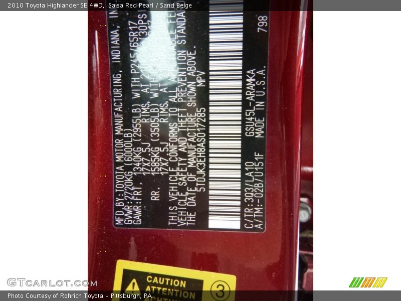 Salsa Red Pearl / Sand Beige 2010 Toyota Highlander SE 4WD
