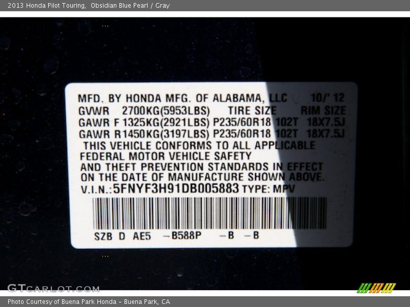 Obsidian Blue Pearl / Gray 2013 Honda Pilot Touring