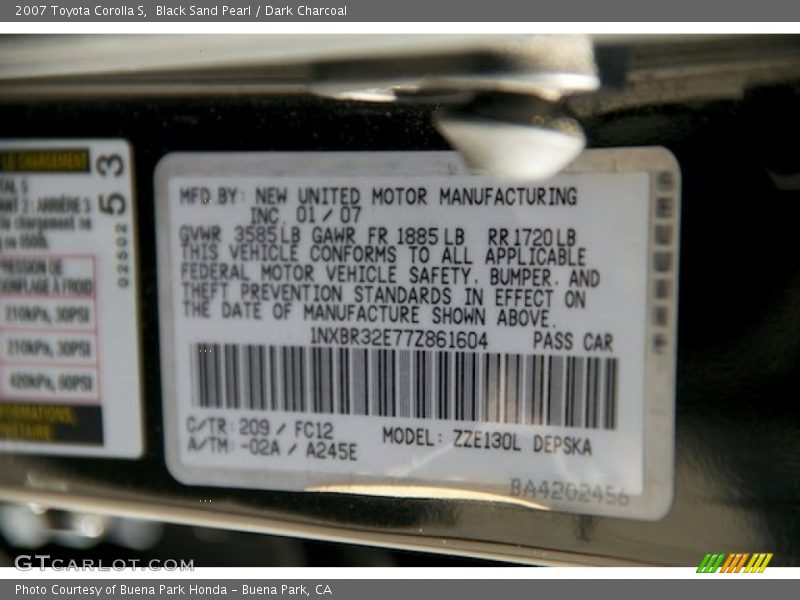 Black Sand Pearl / Dark Charcoal 2007 Toyota Corolla S