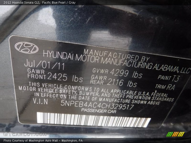 Pacific Blue Pearl / Gray 2012 Hyundai Sonata GLS
