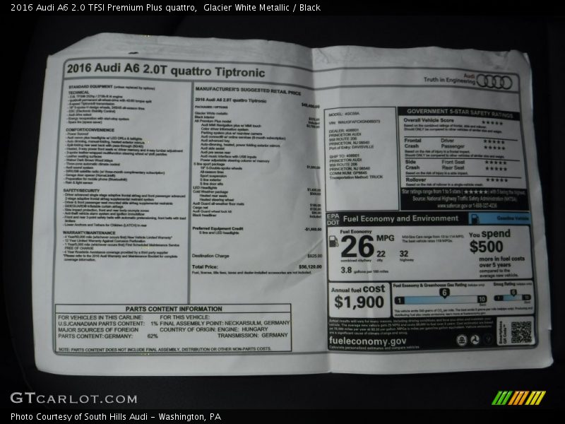  2016 A6 2.0 TFSI Premium Plus quattro Window Sticker