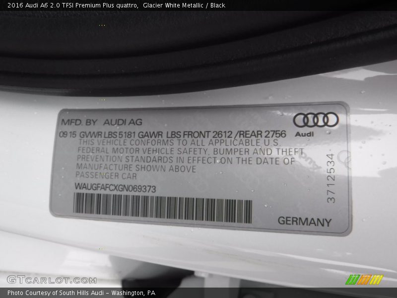 Glacier White Metallic / Black 2016 Audi A6 2.0 TFSI Premium Plus quattro