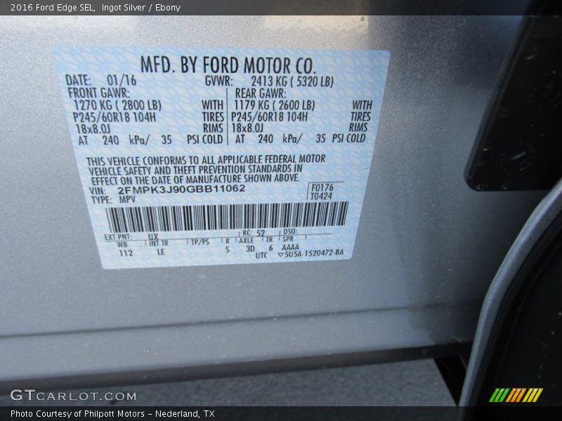 Ingot Silver / Ebony 2016 Ford Edge SEL