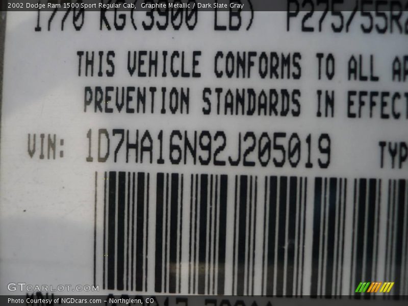 Graphite Metallic / Dark Slate Gray 2002 Dodge Ram 1500 Sport Regular Cab