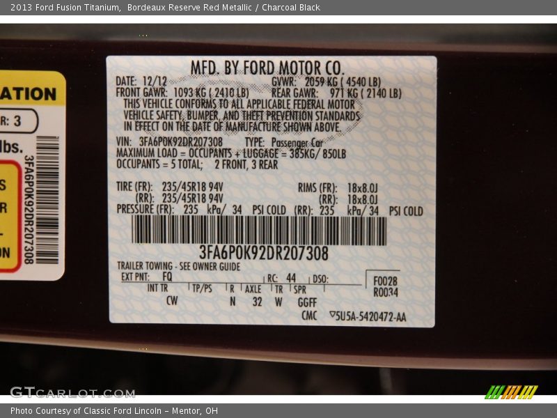 2013 Fusion Titanium Bordeaux Reserve Red Metallic Color Code FQ