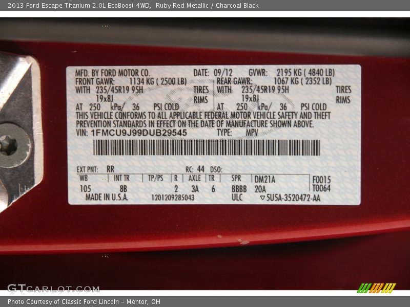 2013 Escape Titanium 2.0L EcoBoost 4WD Ruby Red Metallic Color Code RR