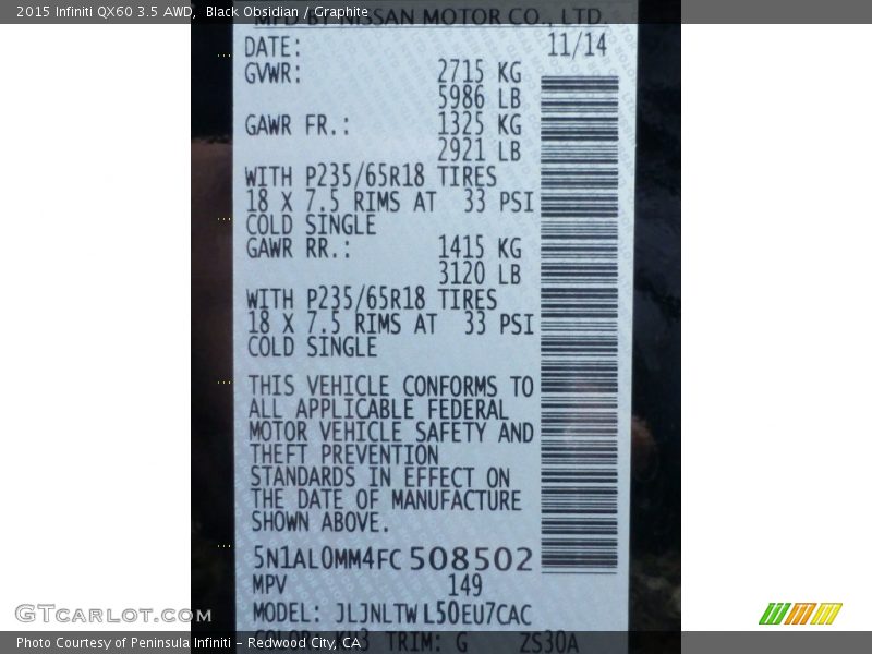 Black Obsidian / Graphite 2015 Infiniti QX60 3.5 AWD