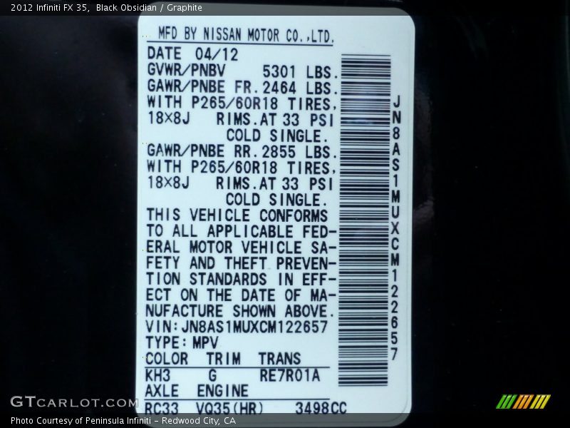 Black Obsidian / Graphite 2012 Infiniti FX 35