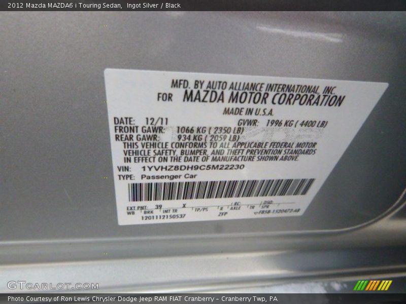 Ingot Silver / Black 2012 Mazda MAZDA6 i Touring Sedan
