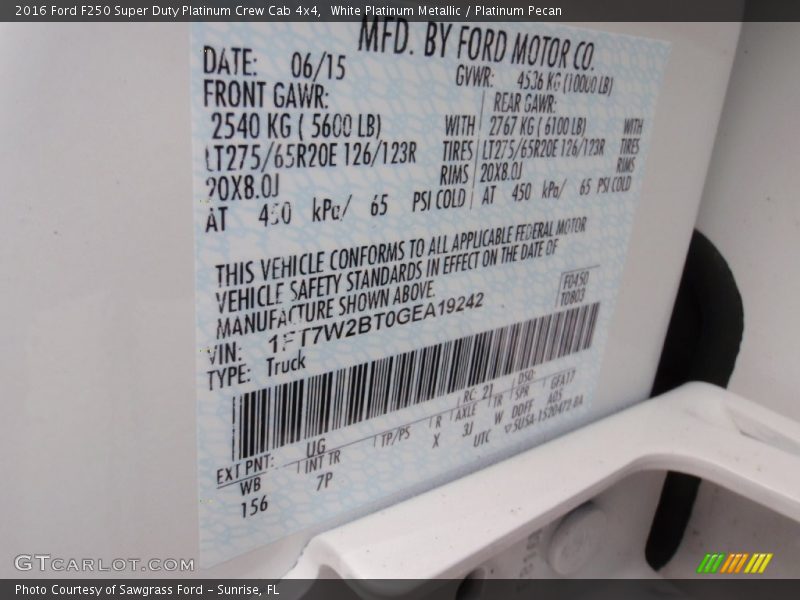 2016 F250 Super Duty Platinum Crew Cab 4x4 White Platinum Metallic Color Code UG