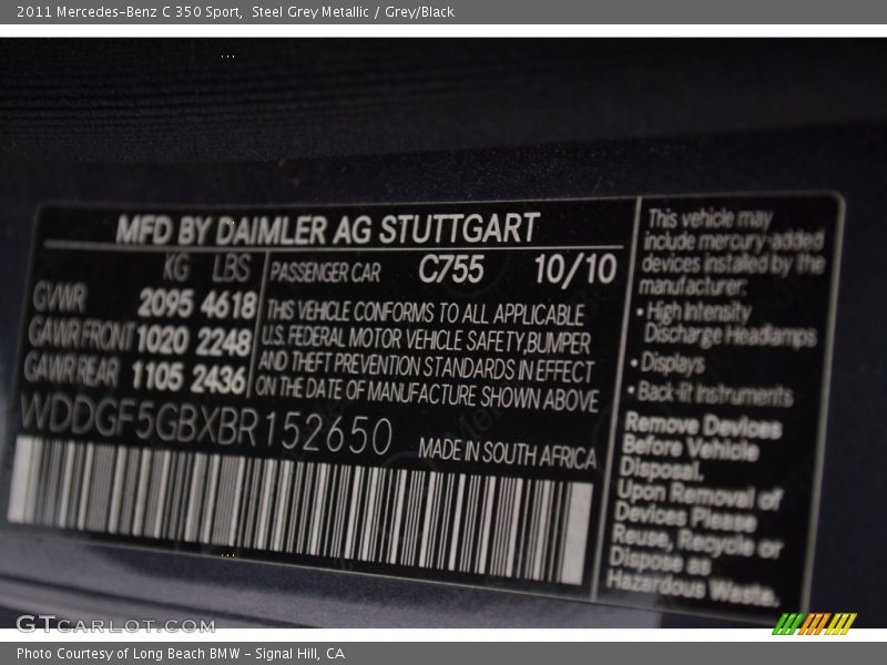 Steel Grey Metallic / Grey/Black 2011 Mercedes-Benz C 350 Sport