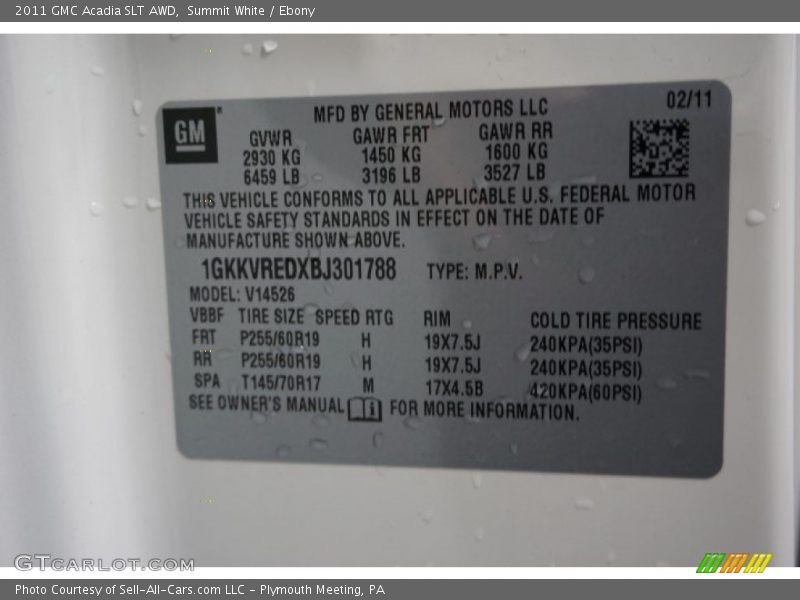 Summit White / Ebony 2011 GMC Acadia SLT AWD