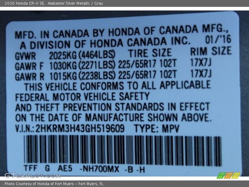 Alabaster Silver Metallic / Gray 2016 Honda CR-V SE