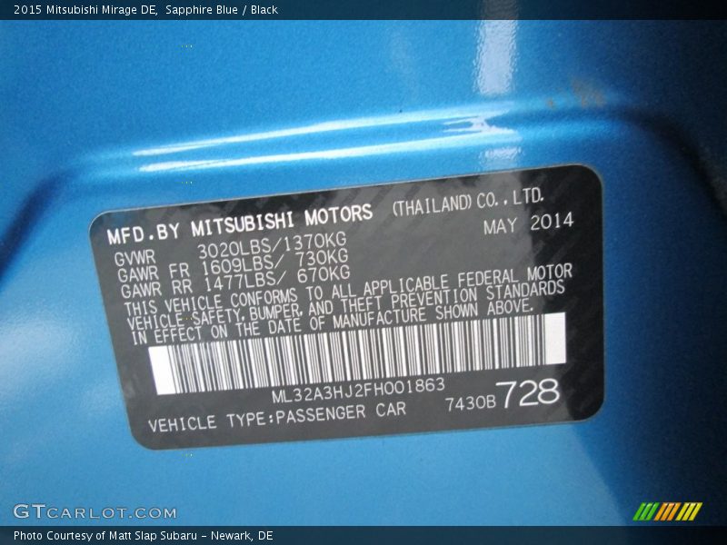 Sapphire Blue / Black 2015 Mitsubishi Mirage DE