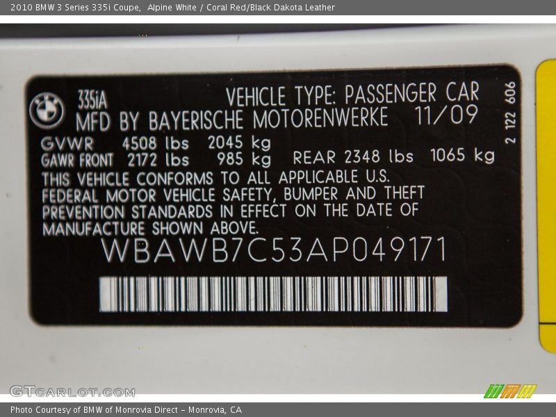 Alpine White / Coral Red/Black Dakota Leather 2010 BMW 3 Series 335i Coupe