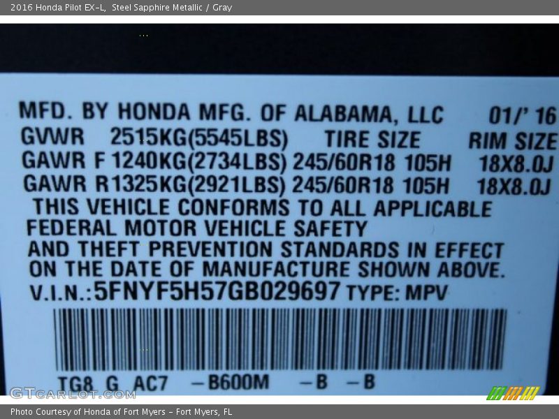 Steel Sapphire Metallic / Gray 2016 Honda Pilot EX-L