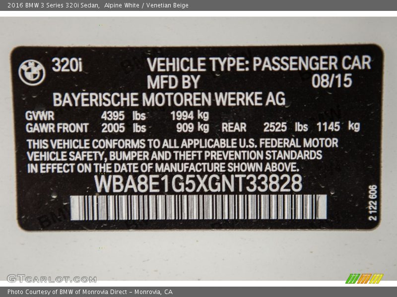 Alpine White / Venetian Beige 2016 BMW 3 Series 320i Sedan