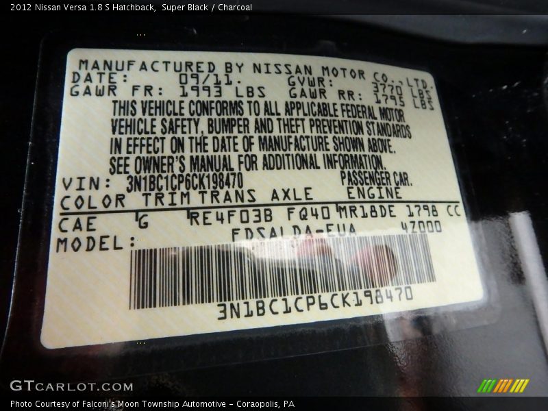 Super Black / Charcoal 2012 Nissan Versa 1.8 S Hatchback