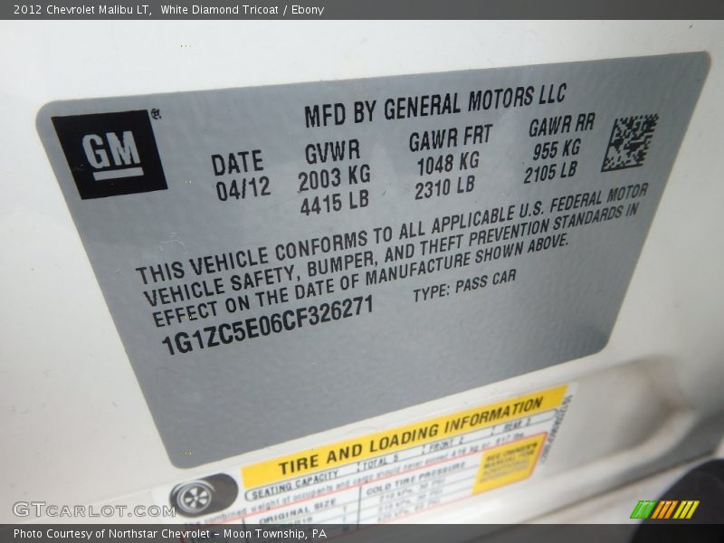 White Diamond Tricoat / Ebony 2012 Chevrolet Malibu LT
