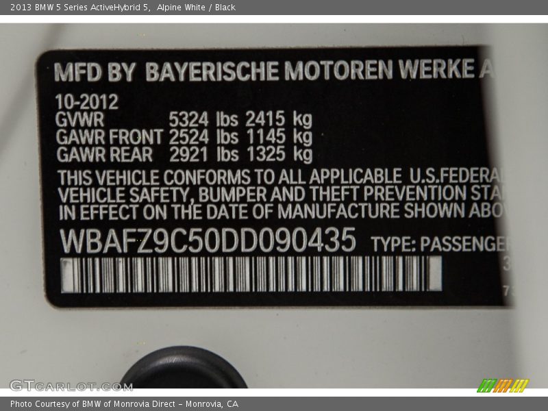Alpine White / Black 2013 BMW 5 Series ActiveHybrid 5