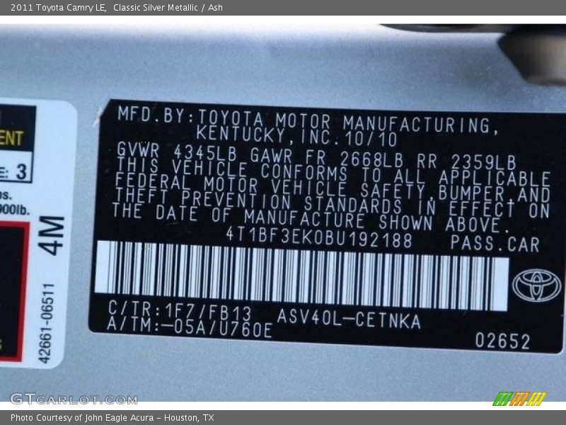Classic Silver Metallic / Ash 2011 Toyota Camry LE