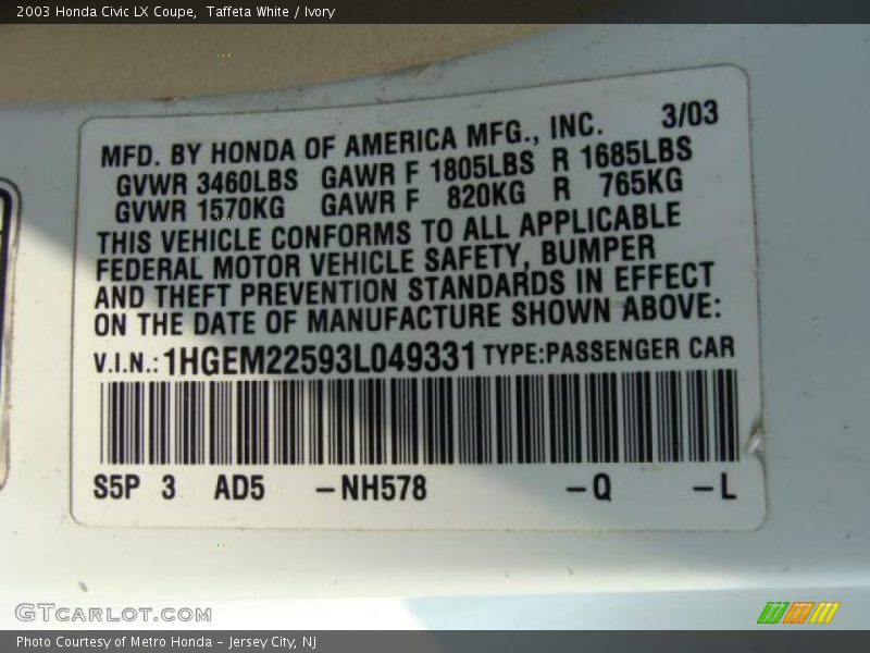 Taffeta White / Ivory 2003 Honda Civic LX Coupe