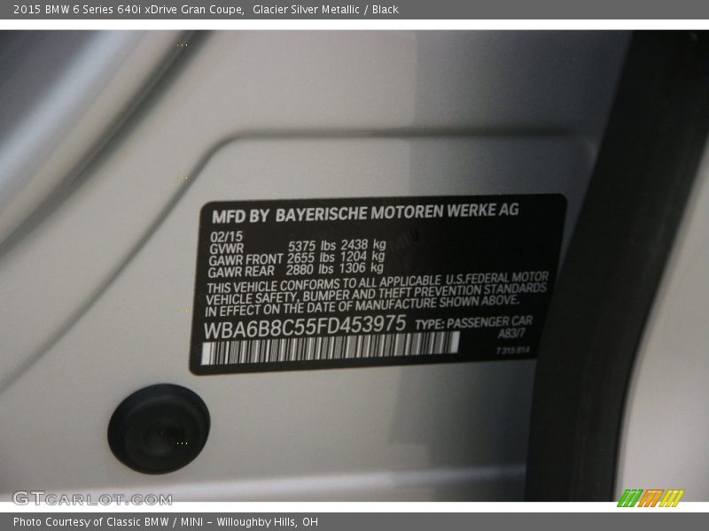 Glacier Silver Metallic / Black 2015 BMW 6 Series 640i xDrive Gran Coupe