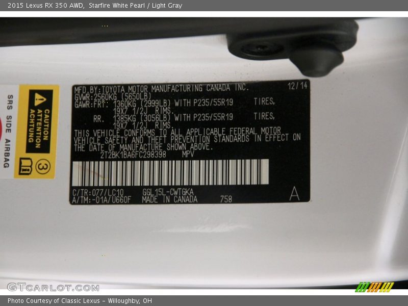 Starfire White Pearl / Light Gray 2015 Lexus RX 350 AWD