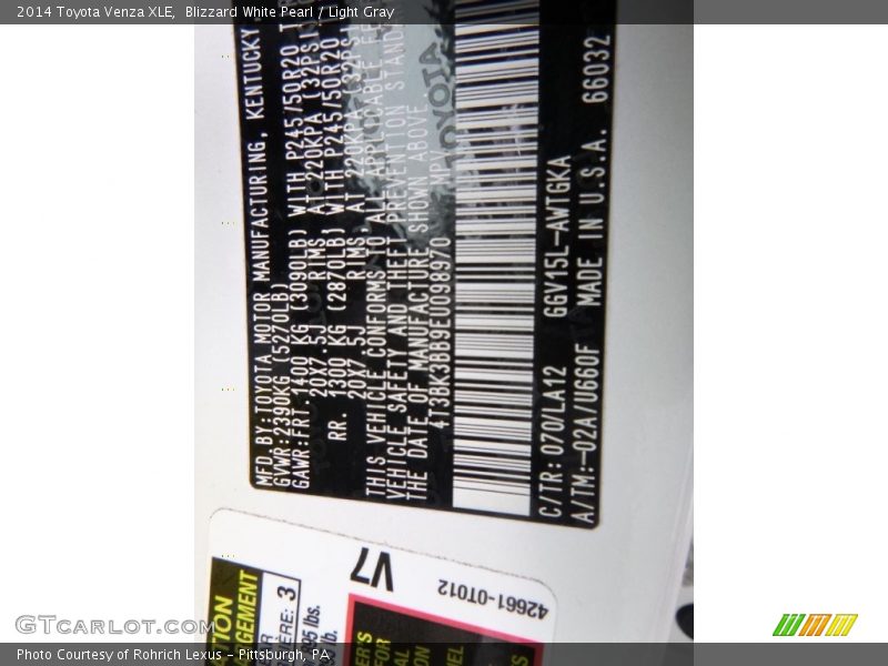 Blizzard White Pearl / Light Gray 2014 Toyota Venza XLE