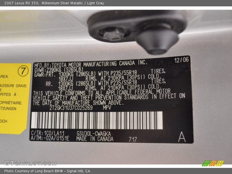 Millennium Silver Metallic / Light Gray 2007 Lexus RX 350