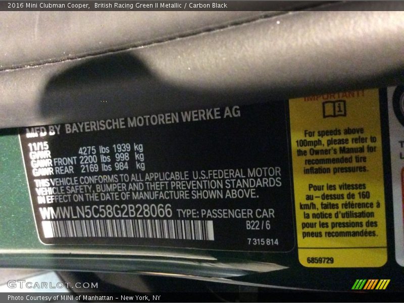 2016 Clubman Cooper British Racing Green II Metallic Color Code B22