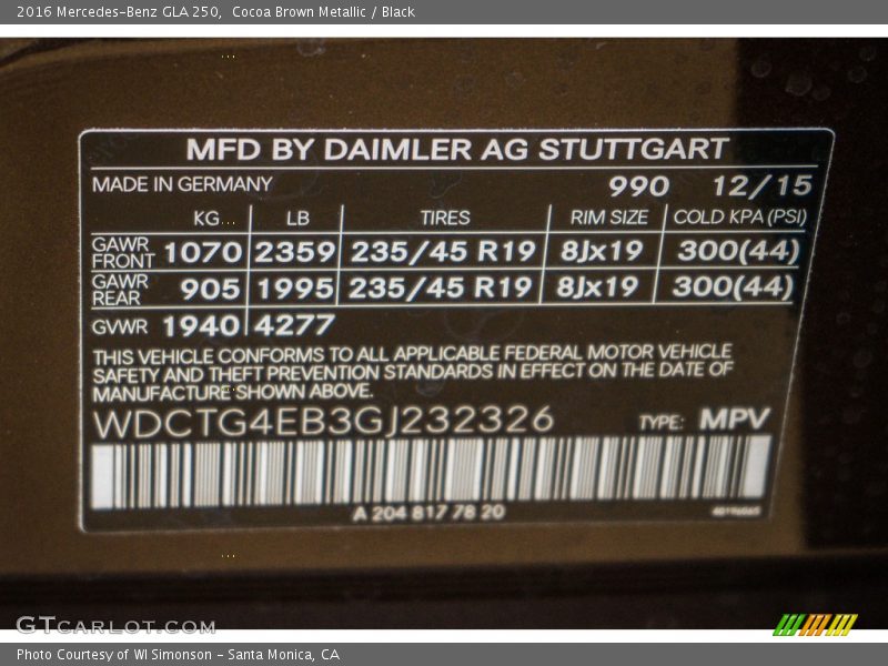 2016 GLA 250 Cocoa Brown Metallic Color Code 990