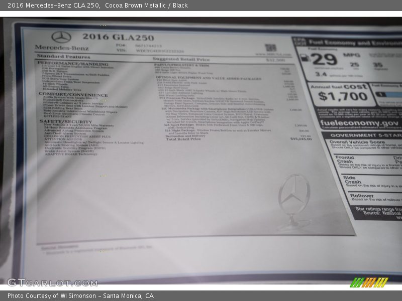  2016 GLA 250 Window Sticker