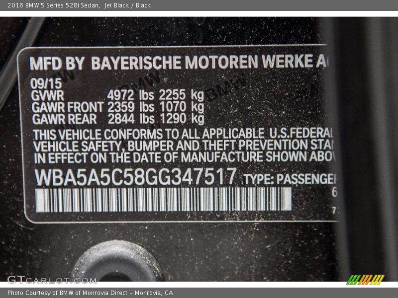 Jet Black / Black 2016 BMW 5 Series 528i Sedan
