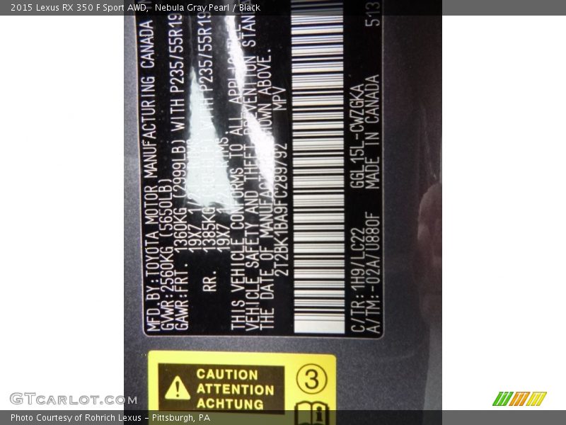2015 RX 350 F Sport AWD Nebula Gray Pearl Color Code 1H9