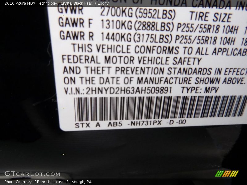 Crystal Black Pearl / Ebony 2010 Acura MDX Technology