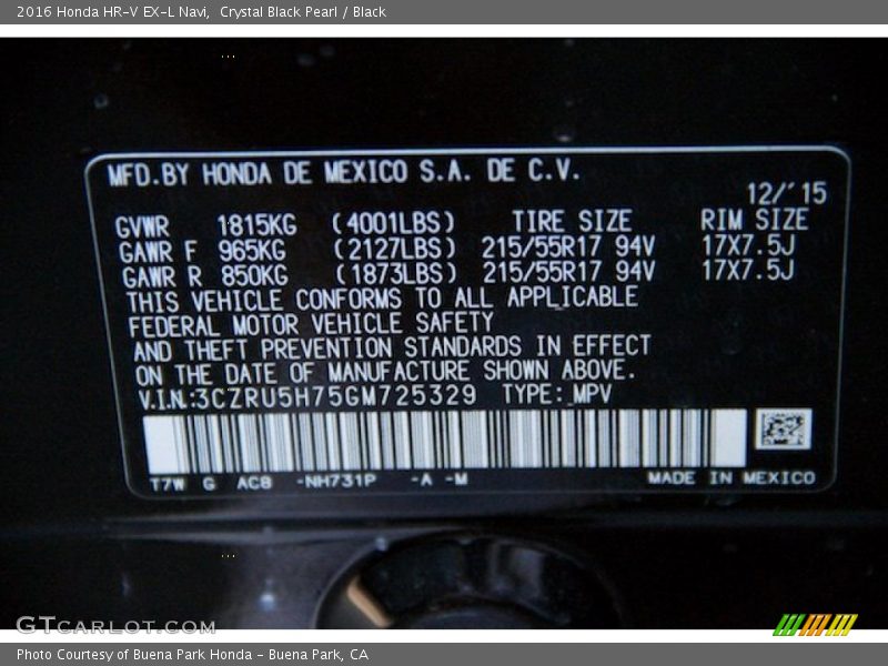 Crystal Black Pearl / Black 2016 Honda HR-V EX-L Navi