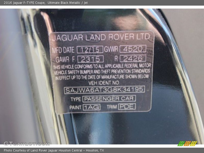 2016 F-TYPE Coupe Ultimate Black Metallic Color Code 1AG